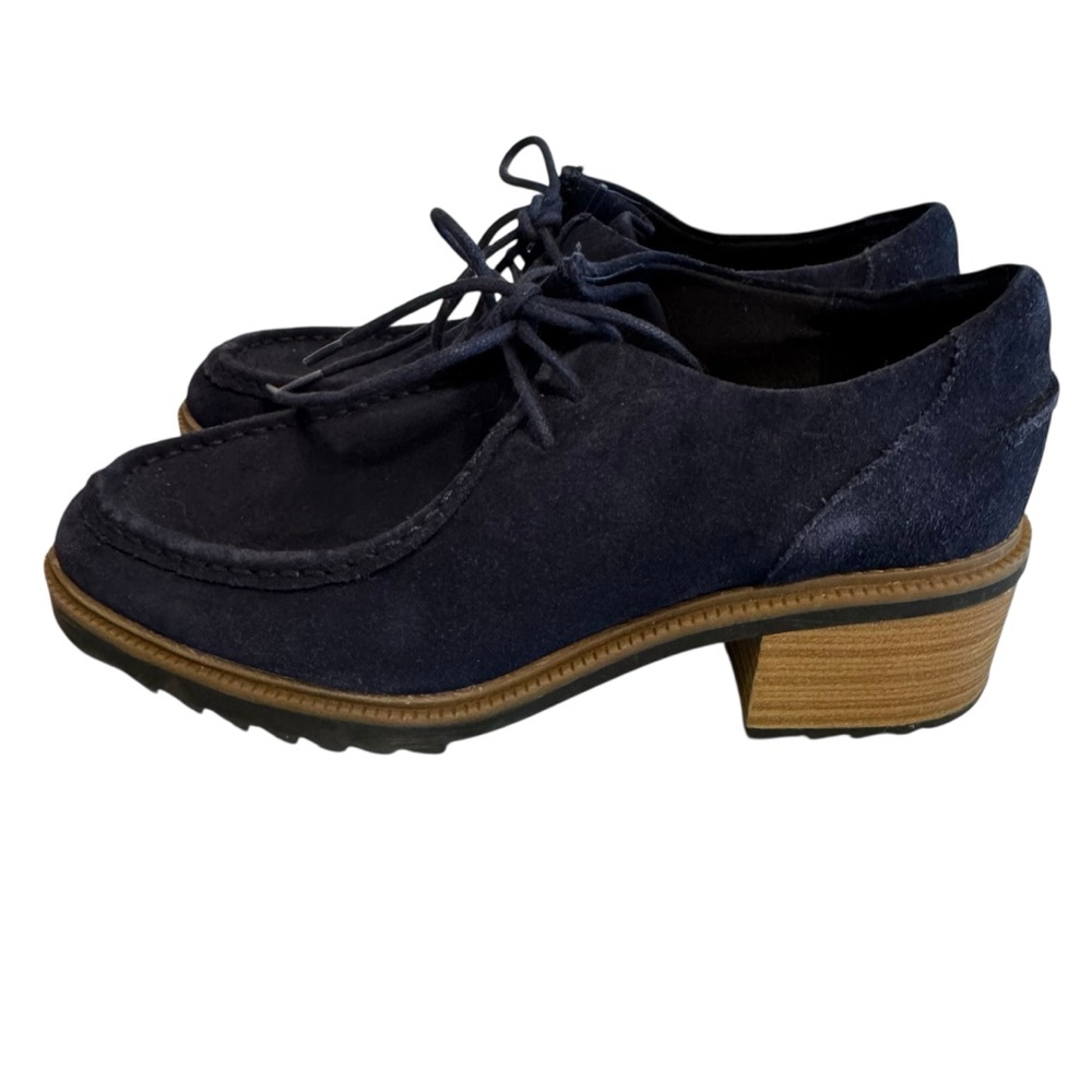 Clarks Somerset Balmer Willow Suede Navy Blue Shoes Size 8.5 Chunky Heel Comfy